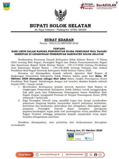 Ayo datang ke TPS pada Rabu, 7 Oktober 2026 untuk memilih pemimpin di nagari